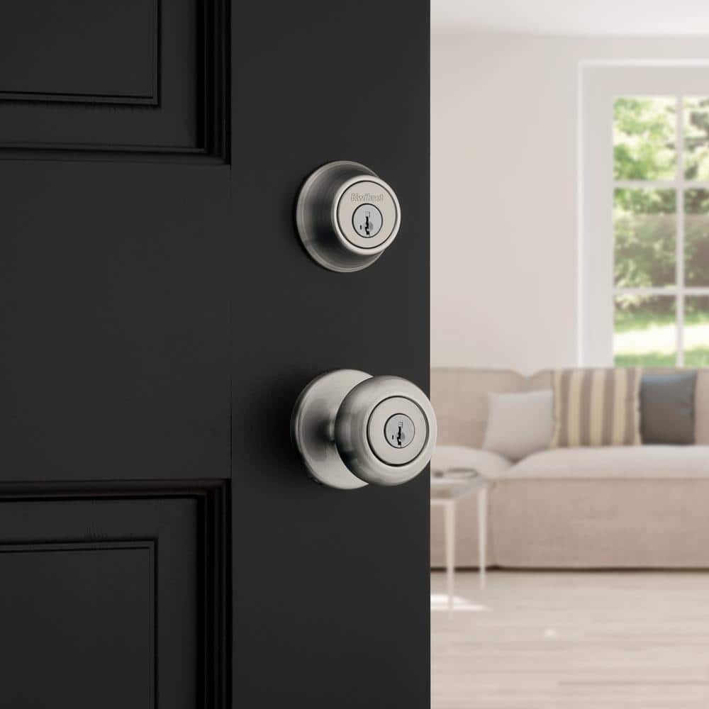 Kwikset Cove Satin Nickel Keyed Entry Door Knob and Single Cylinder Deadbolt Combo Pack featuring SmartKey and Microban (3)