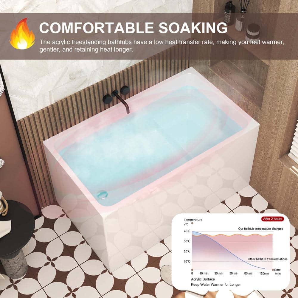 INSEEDE SOVA 47 in. Acrylic Freestanding Soaking Bathtub with Built-in Seat, Chrome Overflow and Pop-Up Drain in Gloss White (3)