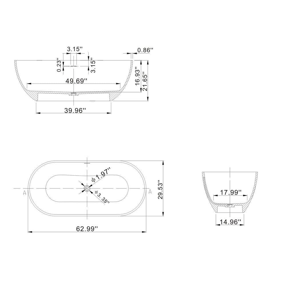 LIVACA 63 in. x 29.5 in. Oval Freestanding Soaking Bathtub with Center Drain in Matte White Solid Surface (2)