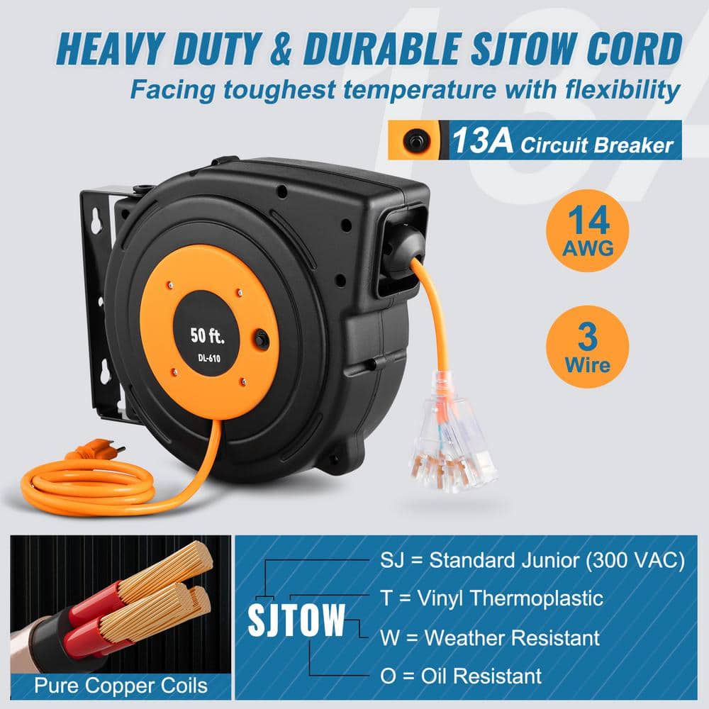 SVOPES Extension Cord Reel, 50 ft. 14-Gauge / 3-Conductors, Max 13 Amps, 13Amp, Retractable, Extension Cord Reel with 3-Outlets (3)