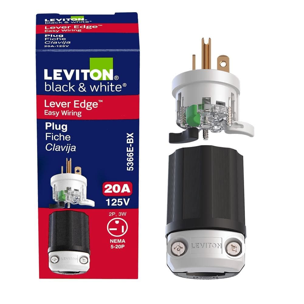 Leviton Black and White Lever Edge Easy Install 20 Amp 125-Volt Straight Blade Plug, NEMA 5-20P,2P,3W, Industrial Grade 5366E-BX (1)