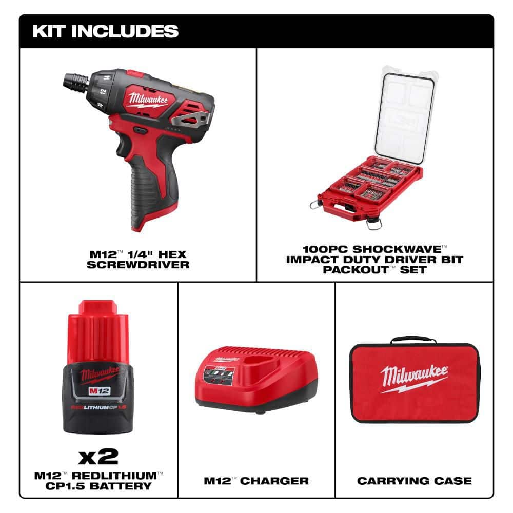 Milwaukee M12 12V 1/4 in. Hex Screwdriver Kit w/ (2) 1. 5Ah Batteries, Charger, Bag with 100-Pc Bit Set w/ PACKOUT (2)