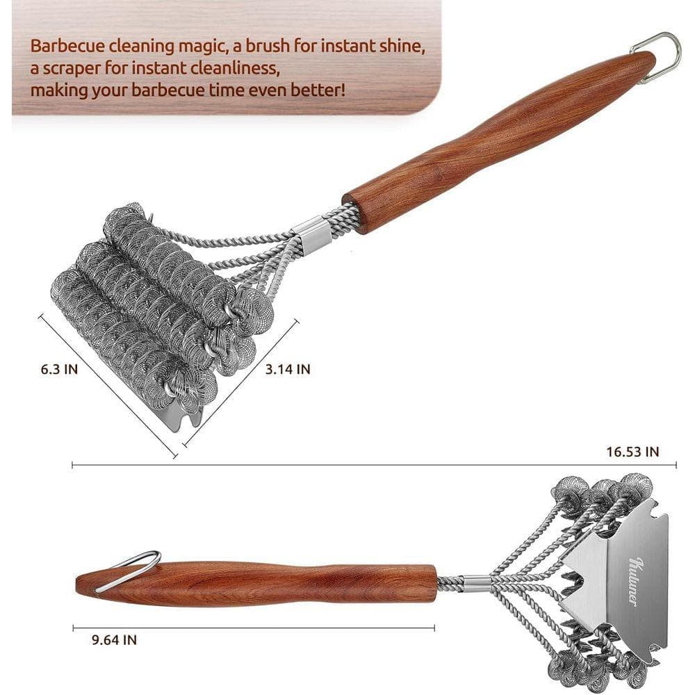 KIWDZFU Bristle-Free BBQ Cleaning Brush with Wooden Handle Multifunctional Scraper for All Types of Grills (3)