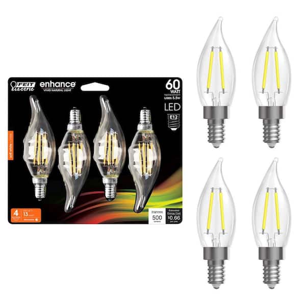 Feit Electric 60-Watt Equivalent BA10 E12 Candelabra Dimmable Filament CEC Clear Chandelier LED Light Bulb, Soft White 2700K (4-Pack)