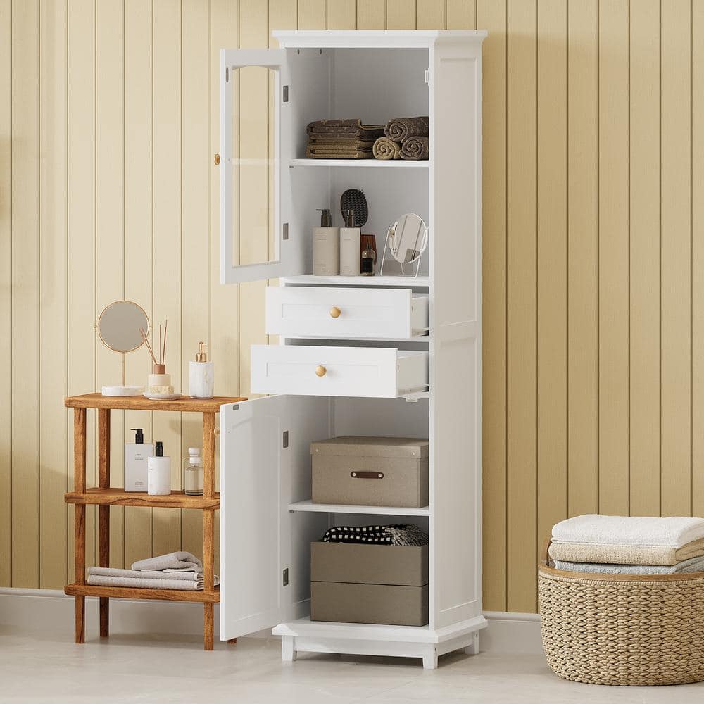 Tenleaf 17.76 in. W 14.21in. D 62.99 in. H MDF Freestanding Linen Cabinet with Glass Doors and Adjustable Shelves (1)