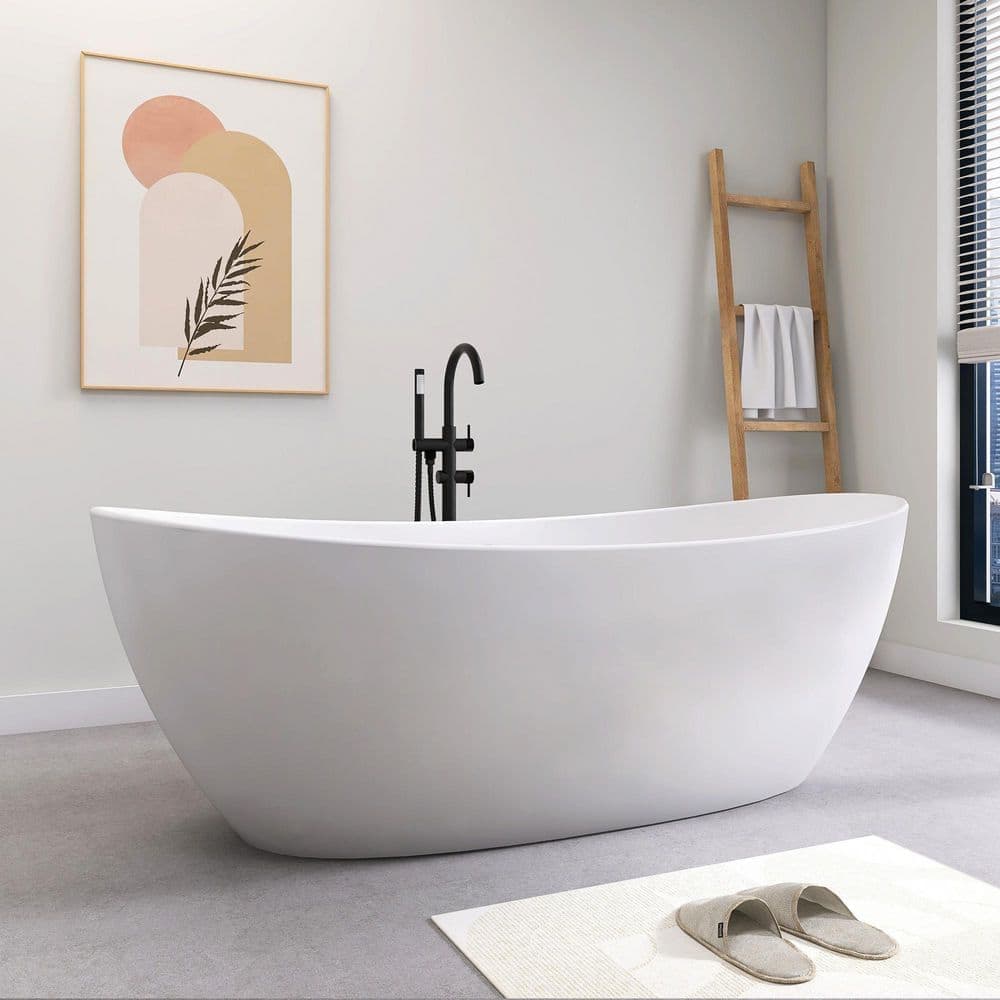 SJ STAR&JANE Verna 73 in. x 35 in. Solid Surface Freestanding Bathtub Stone Resin Soaking Tub in Matte White (2)