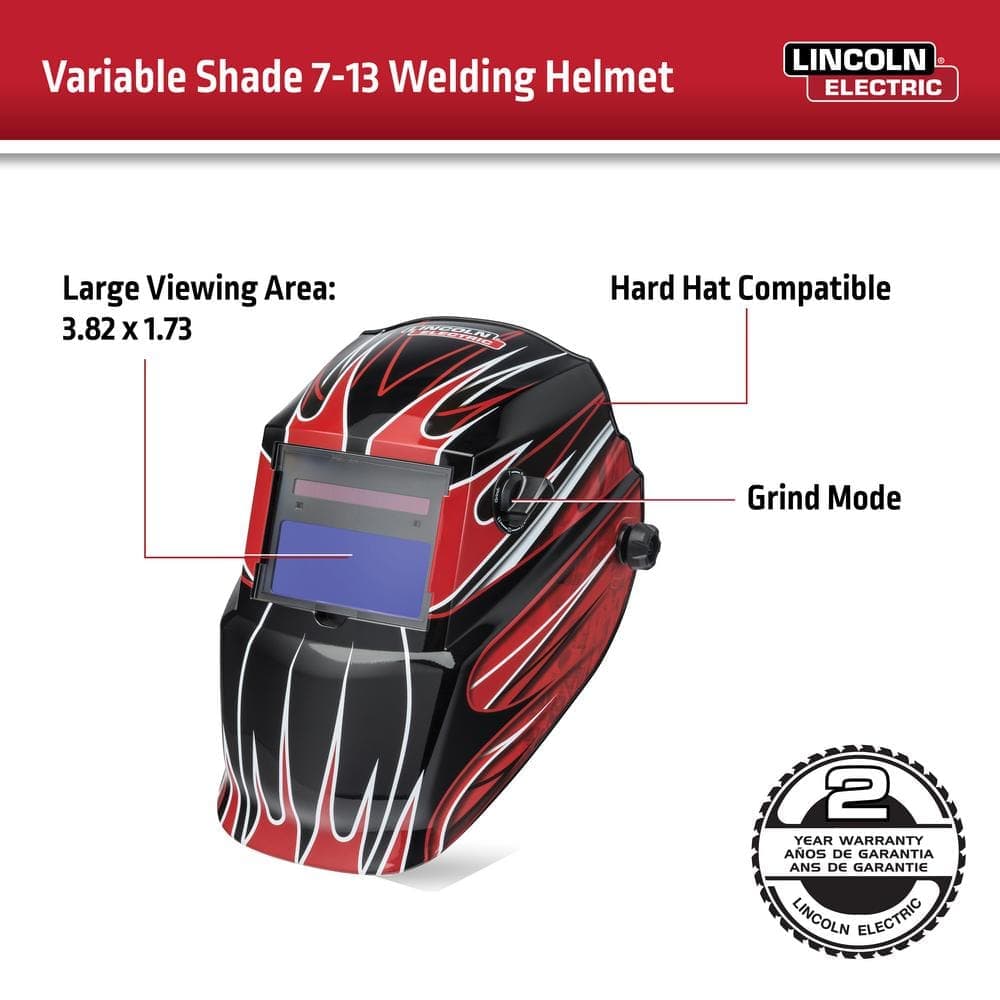 Lincoln Electric Auto-Darkening Welding Helmet with Variable Shade Lens No. 7-13, Red Fierce Design and Premium Leather Welding Gloves (2)