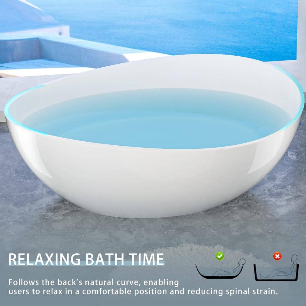 Aionor 63 in. x 37.4 in. Freestanding Solid Surface Stone Resin Soaking Bathtub with Drain & Overflow in Glossy White (3)