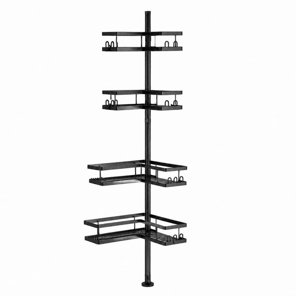 Anqtovp 25.7-109.1 in. Adjustable Tension Mount Adjustable Rust-Resistant Corner Shower Caddy in Black, No-Drill Installation (1)