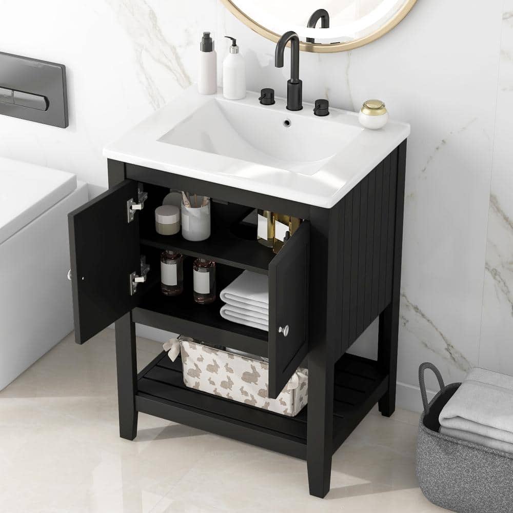 Flynama 24" Black Bath Vanity,Ceramic Sink,Solid Wood Frame,Open Bottom Storage Shelf (1)