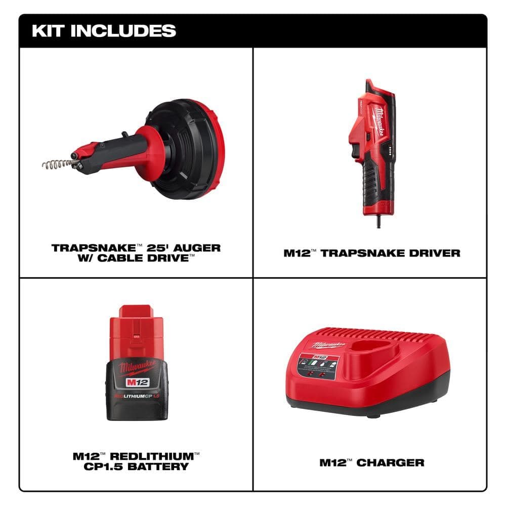 Milwaukee TRAP SNAKE 25 ft. Drum Auger with M12 Trap Snake 12-Volt Lithium-Ion Cordless Auger Drain Power Source Driver (2-Tool) (2)