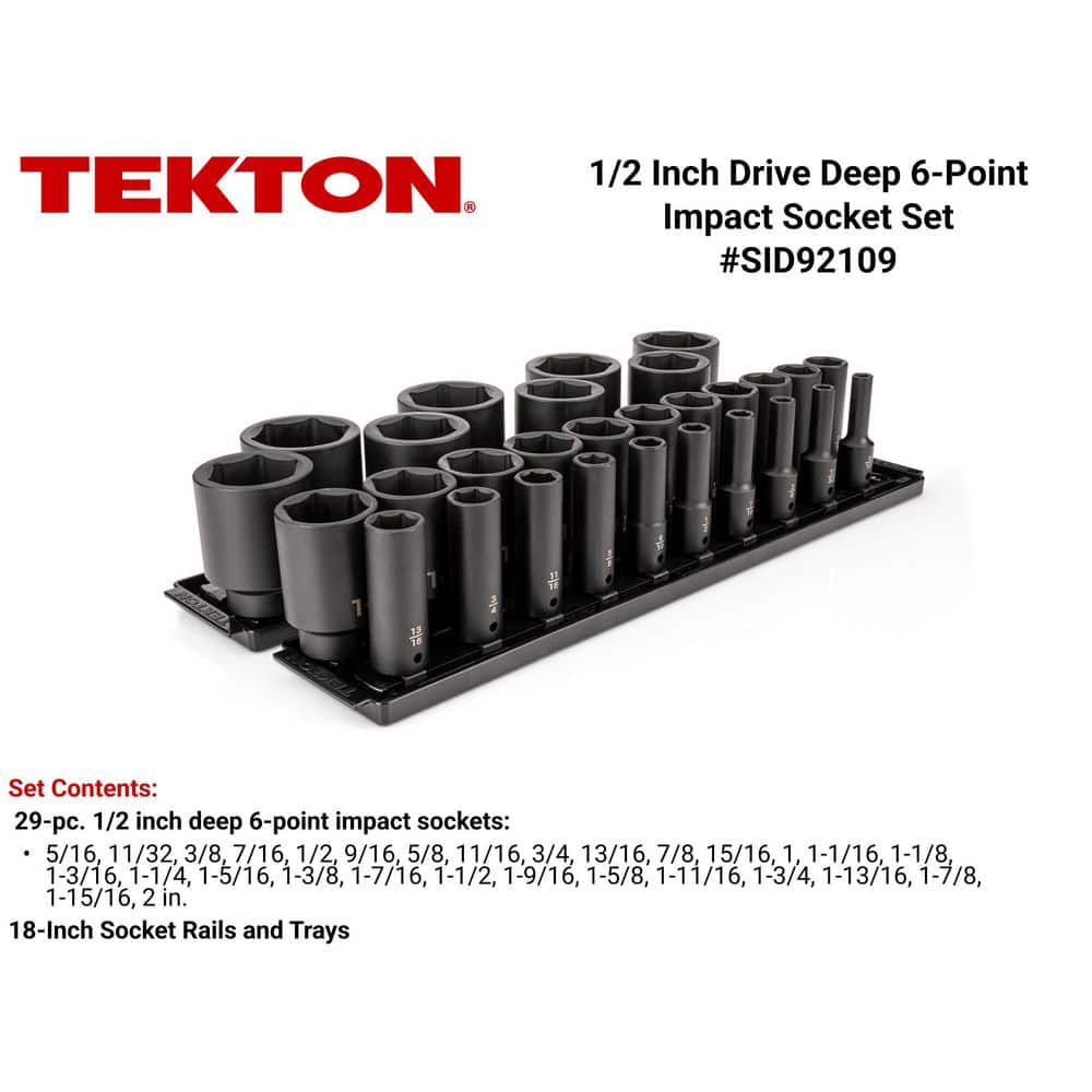 TEKTON 1/2 Inch Drive Deep 6-Point Impact Socket Set with Rails and Tray, 29-Piece (5/16-2 in. ) (2)