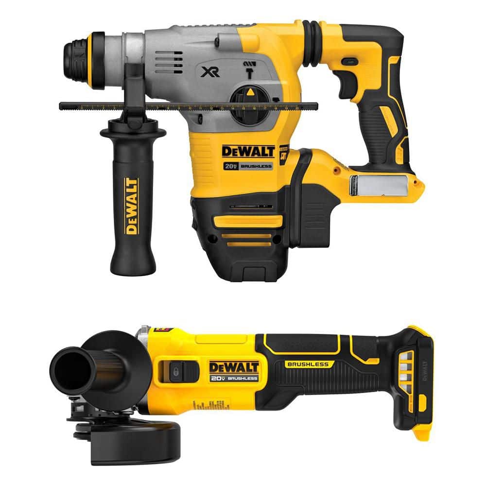 DEWALT 20V MAX XR Cordless Brushless 1-1/8 in. SDS Plus L-Shape Rotary Hammer and 4-1/2 in. Angle Grinder (Tools Only) (1)