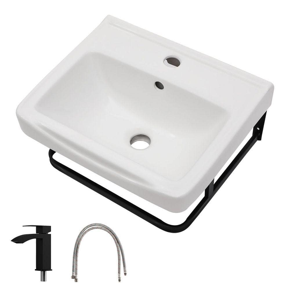 Logmey 17 in. Rectangular Ceramic Wall Mount Bathroom Sink in White with Black Towel Rack and Faucet (1)