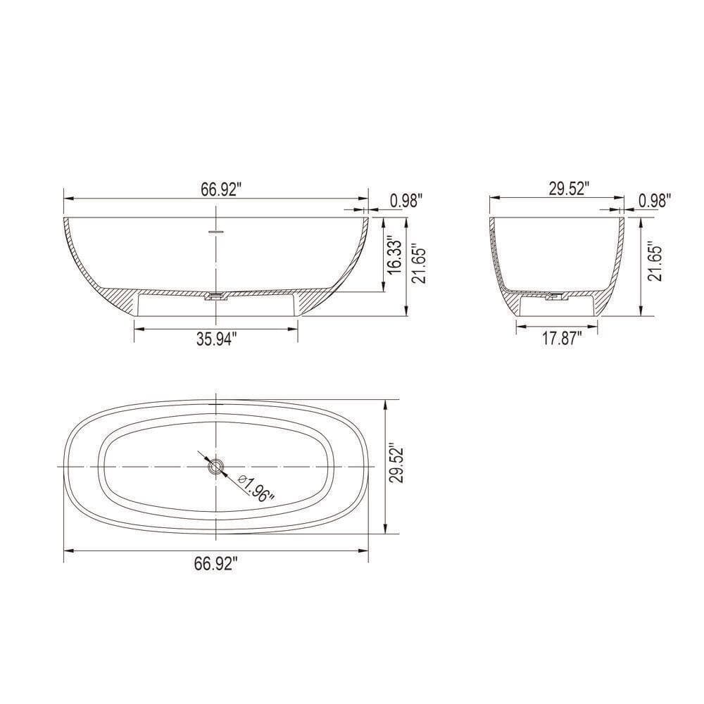 LIVACA 66.90 in. x 29.50 in. Flat Bottom Solid Surface Freestanding Soaking Bathtub with Center Drain in Matte White (3)