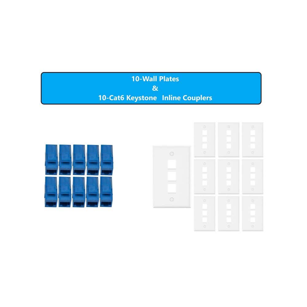 Micro Connectors, Inc 10-Pack 1-Gang White Keystone Plastic Wall Plate 3-Port and 10 Cat 6 RJ45 Keystone Inline Couplers Blue (2)