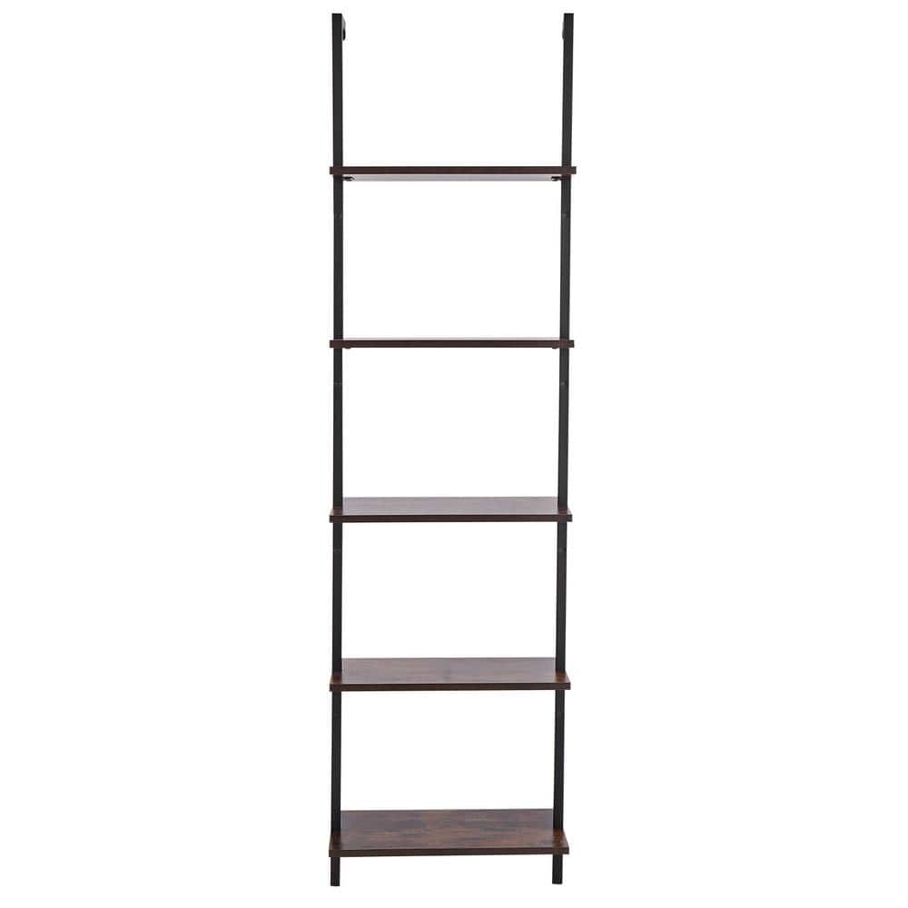 Bunpeony Ladder Shelf 5-Tier 18.9 x 11.8 x 70 in. Wall-Mounted Metal Frame P2 Particleboard 50 lbs. per Layer Black Bookshelf (1)