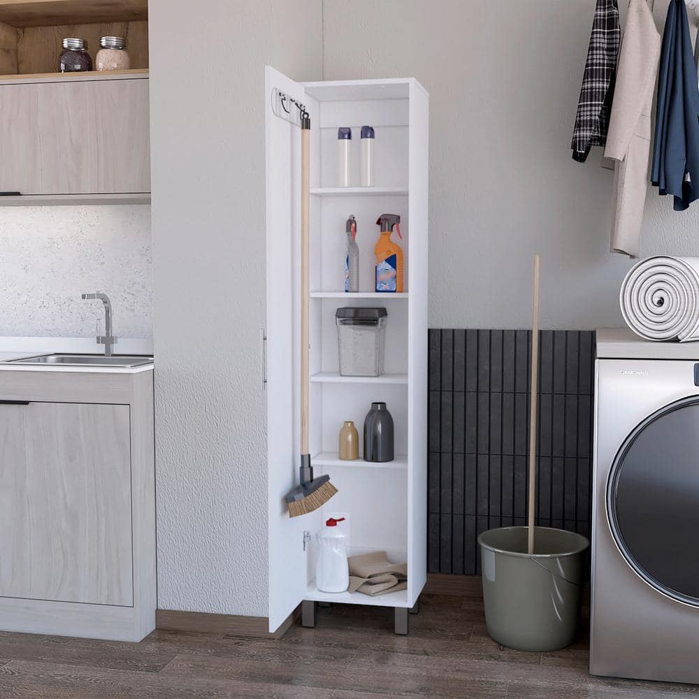 Lycvki 15.75 in. D x 11.73 in. W x 70.87 in. H White Linen Cabinet With Single Door, 3 Broom Hangers (3)