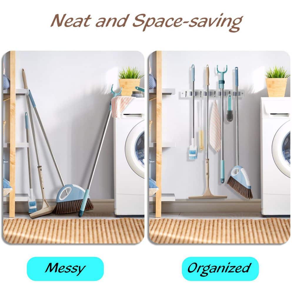 NVNOO 4 Slots and 4 Hooks Mop Broom Holder Wall Mount for Closet Garage Laundry Room, White (2-Pack) (2)