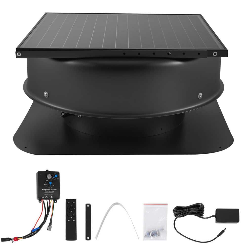 SVOPES 50-Watt Smart Solar Roof Exhaust Fan 3,000 CFM with Thermostat Remote Control Built-in Smoke Sensor Black (1)