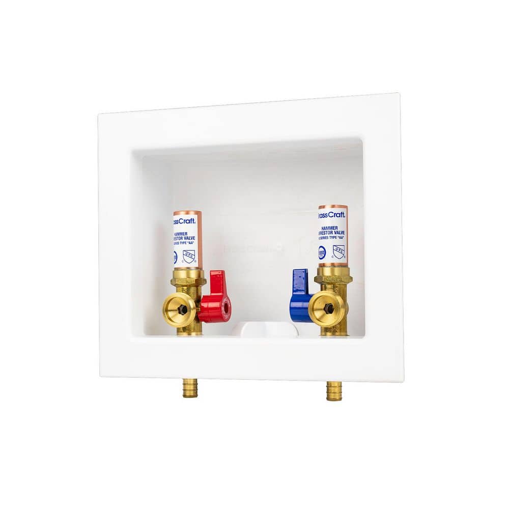 BrassCraft 1/2 in. NOM Crimp Brass PEX x 3/4 in. MHT Washing Machine Ball Valves (1/4 Turn) with Outlet Box and Hammer Arrestors (1)