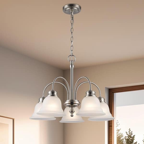 Bel Air Lighting 5-Light Brushed Nickel Down-Light Chandelier Light Fixture with Frosted Glass Bell Shaped Shades