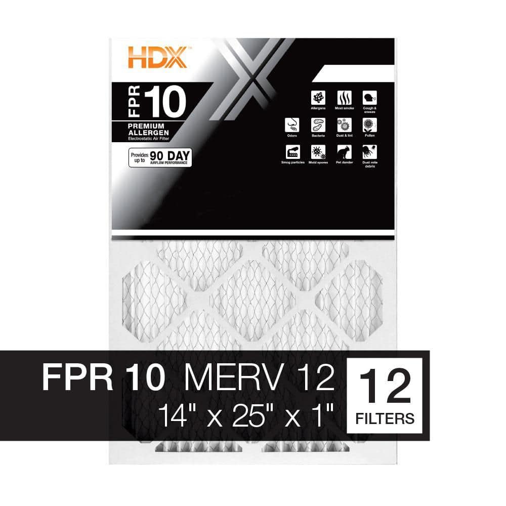 HDX 14 in. x 25 in. x 1 in. Premium Pleated Air Filter FPR 10, MERV 12 (12-Pack)