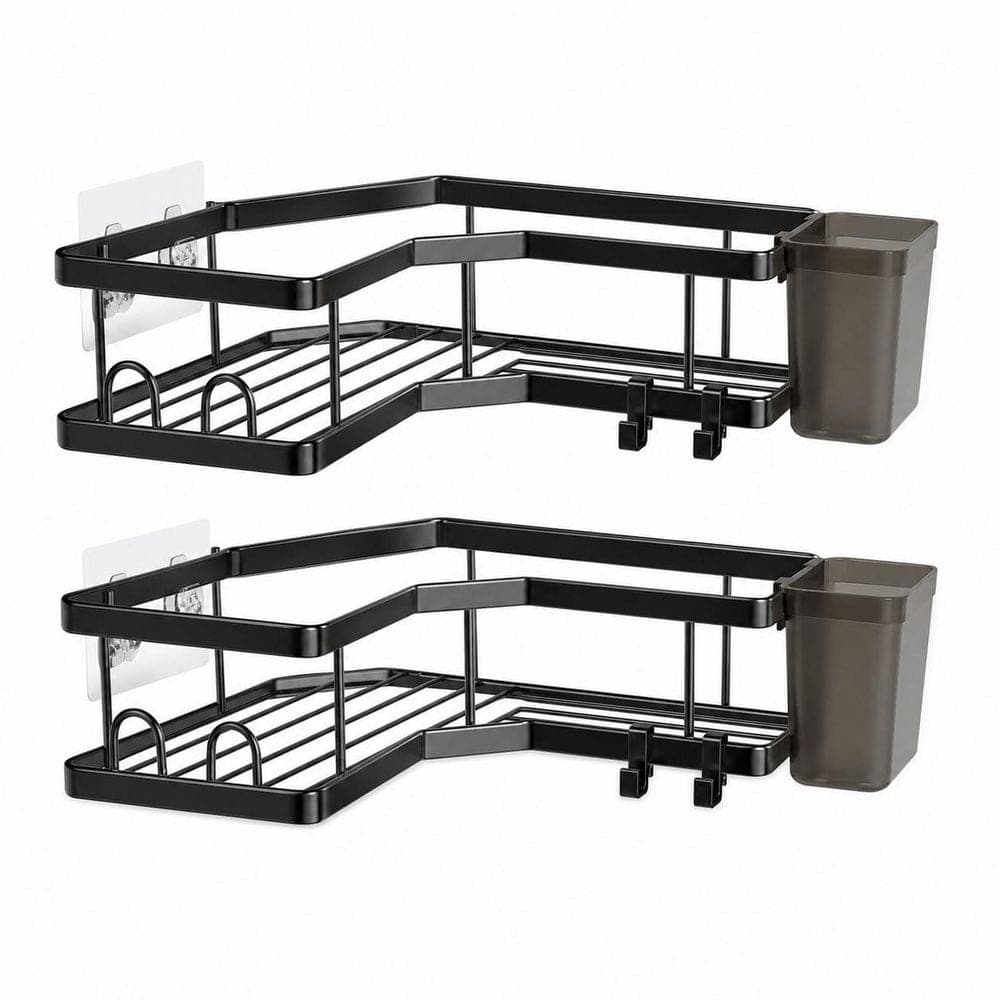 Anqtovp Corner Mount Adhesive Stainless Steel 2 Pack Shower Caddy with Hooks in Rustproof Black for 90° Walls (1)