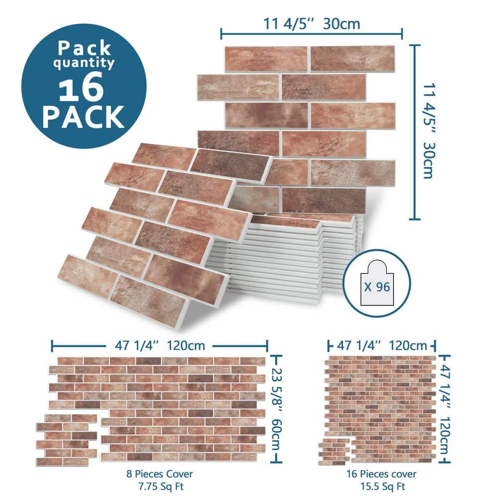sunwings 0.4 in. x 11.8 in. x 11.8 in. Red Mixed PET Peel and Stick Acoustic Felt Faux Brick Decorative Wall Paneling (16-Pack) (3)