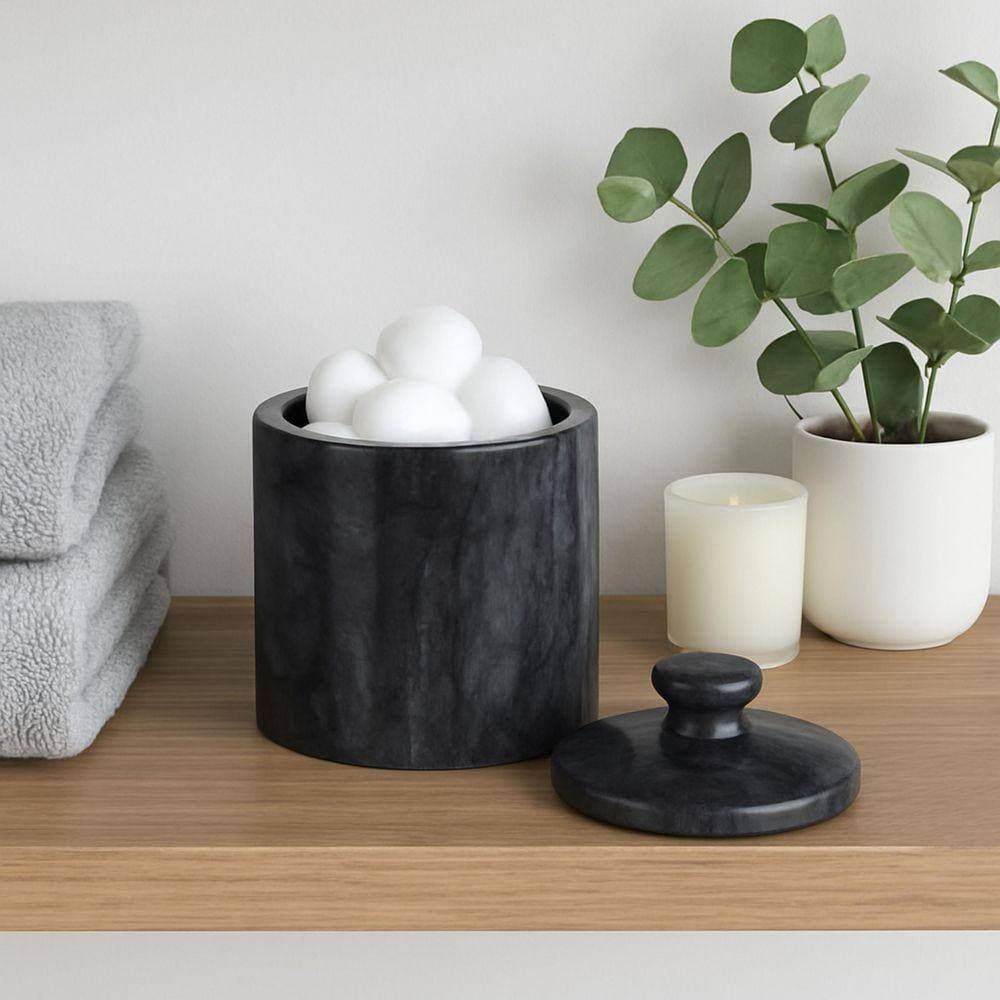 Creative Home Natural Marble SPA Collection Cotton Ball, Q-Tip Swab Holder, Bathroom Organizer Storage Jar Canister in Black (3)