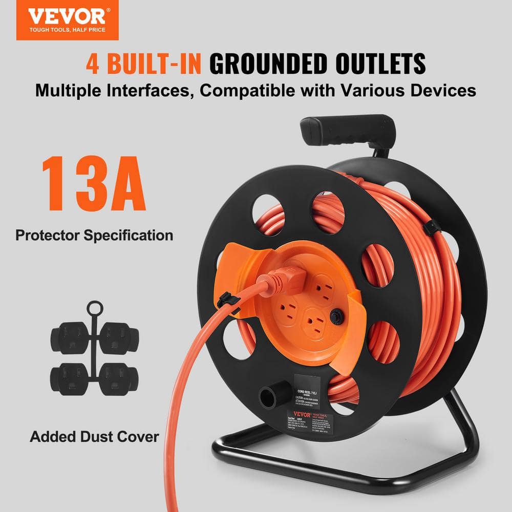VEVOR 100 ft. 14AWG/3C 13 Amp Extension Cord Reel SJTOW Power Cord with 4 Outlets, Dust Cover, Handle Circuit Breaker for Home (2)