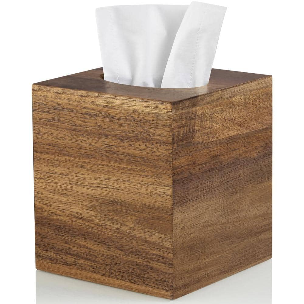 Unbranded Square Acacia Wood Tissue Box Cover for Tabletop Night Stands and Bathrooms Modern Farmhouse Decor Style