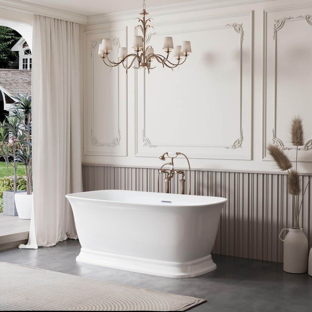 ANGELES HOME 59 in. x 31.5 in. Acrylic Freestanding Soaking Bathtub with Center Drain and Overflow in White (2)