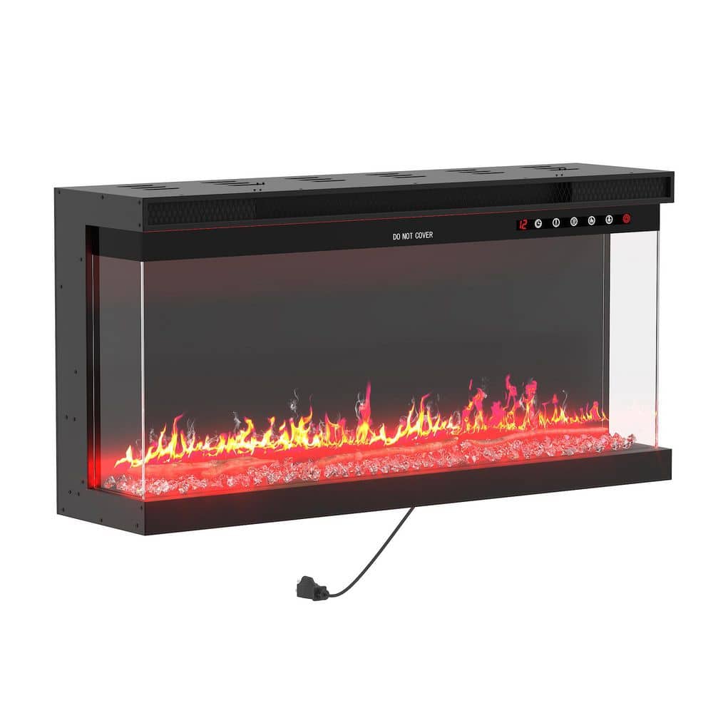 FUFU&GAGA 30 in. Black 3‑Sided Glass Electric Fireplace Wall Heater 1500W-12 Flame Colors, Adjustable Brightness & Temp Control