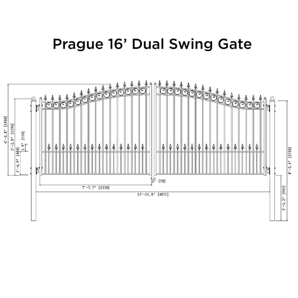 ALEKO Prague Style 16 ft. x 6 ft. Black Steel Dual Driveway Fence Gate (2)