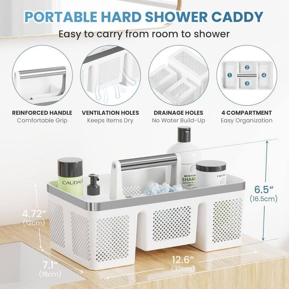 Wudkey College Dorm Portable Hard Plastic Shower Tote with 4 Compartments, Handle & All-Side Drainage Shower Caddy in White (2)