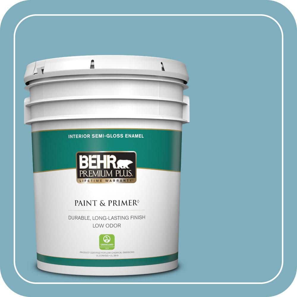 BEHR PREMIUM PLUS 5 gal. #PMD-83 Porcelain Blue Semi-Gloss Enamel Low Odor Interior Paint & Primer