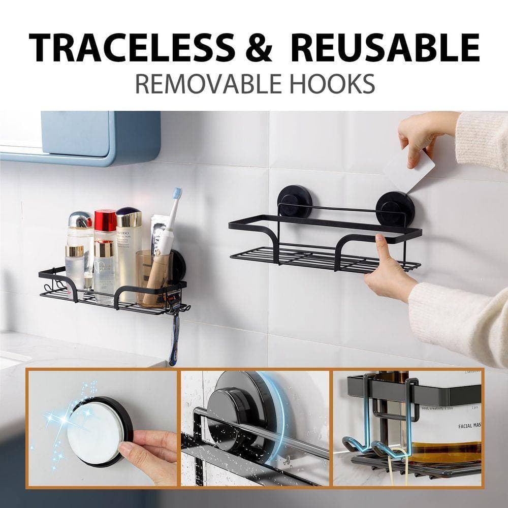 Unbranded 12.2in L 4.96in H Stainless Steel Suction Mount Shower Shelf in Black Rustproof Heavy Duty Fast Draining Large Capacity (2)