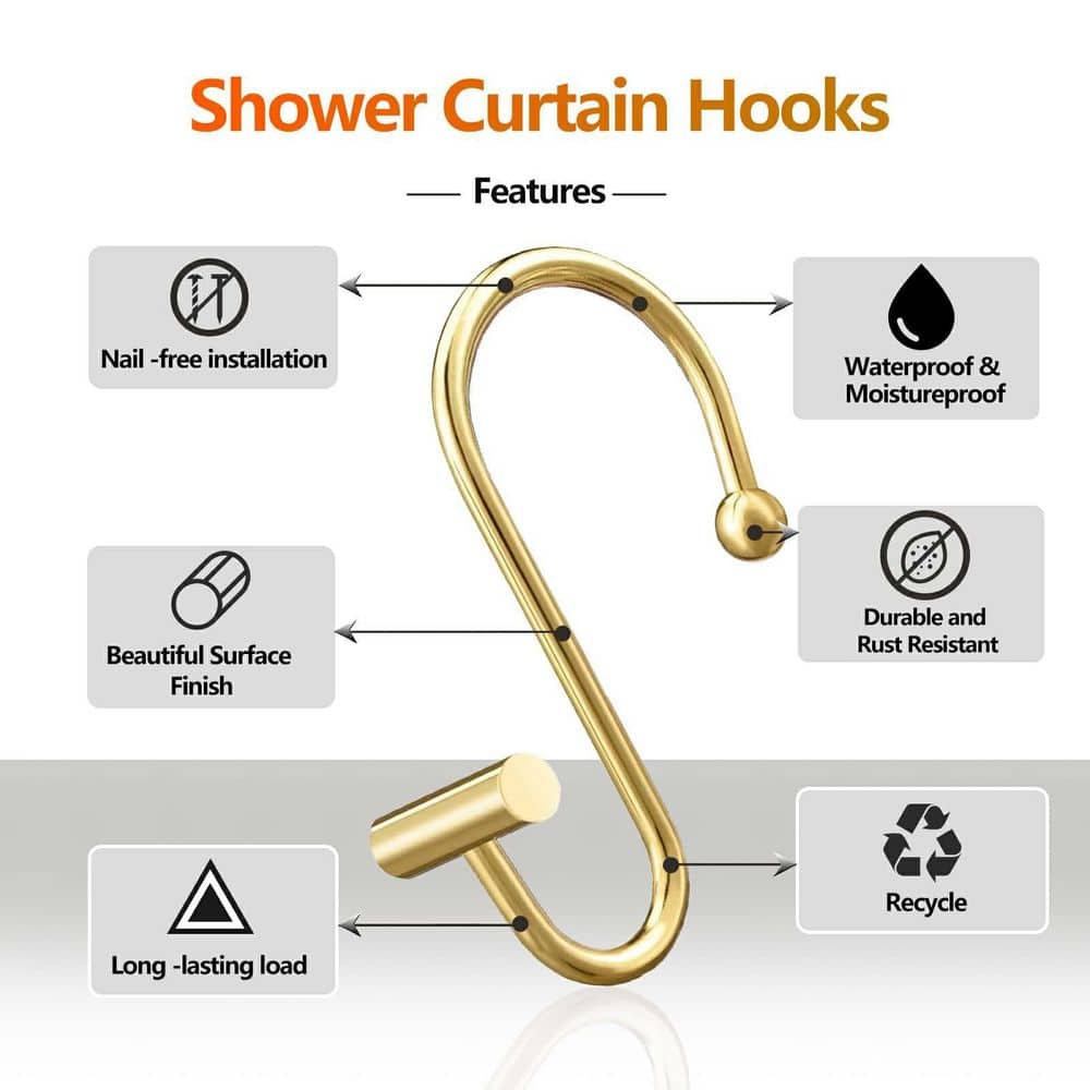 KHKFY Metal Gold Shower Curtain Hooks 12 Pack - Rust Proof S Shaped Curtain Rings for Shower Rods, Durable Install (3)
