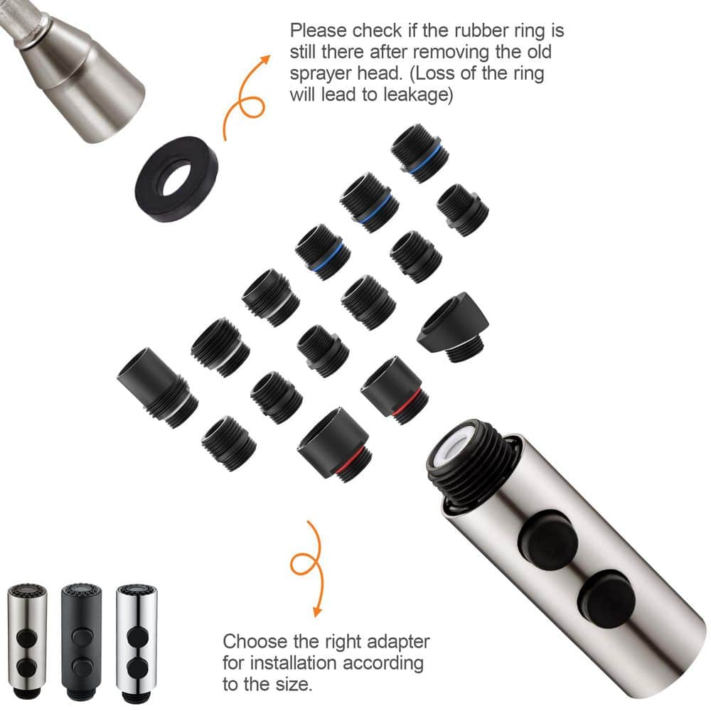 Wudkey 1-Piece 2-Function kitchen Faucet Head Replacement in Brushed Nickel, Included 15 Adapters, with Mounting Hardware (3)