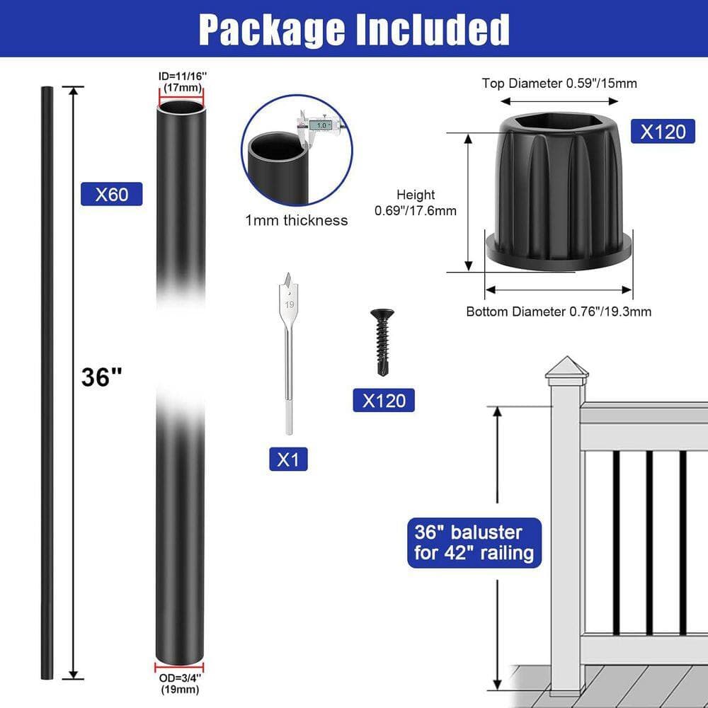 Afoxsos 36 in. H x 0.76 in. W Black Aluminum Stair Railing Kit (3)