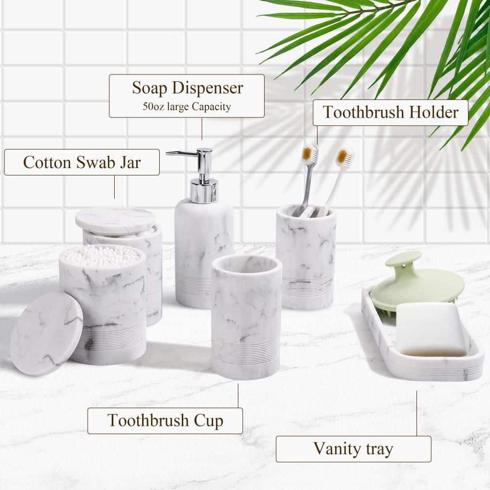 Numhew 6-Piece Bathroom Accessory Set with Soap Dispenser, Vanity Tray, Tumbler, Cotton Swab Jar for Bathroom Organizer, Marble (3)