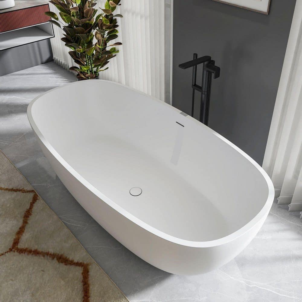 AVAXA 67 in. x 30 in. Solid Surface Stone Resin Flatbottom Freestanding Bathtub Soaking Bathtub in Matte White (2)