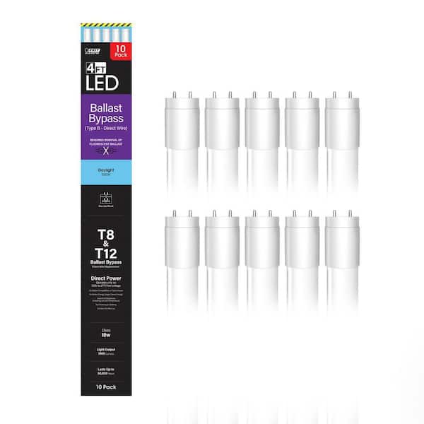 Feit Electric 32-Watt Equivalent 4 ft. White Linear Tube T8/T12 G13 Type B Ballast Bypass LED Light Bulb, Daylight 5000K (10-Pack)