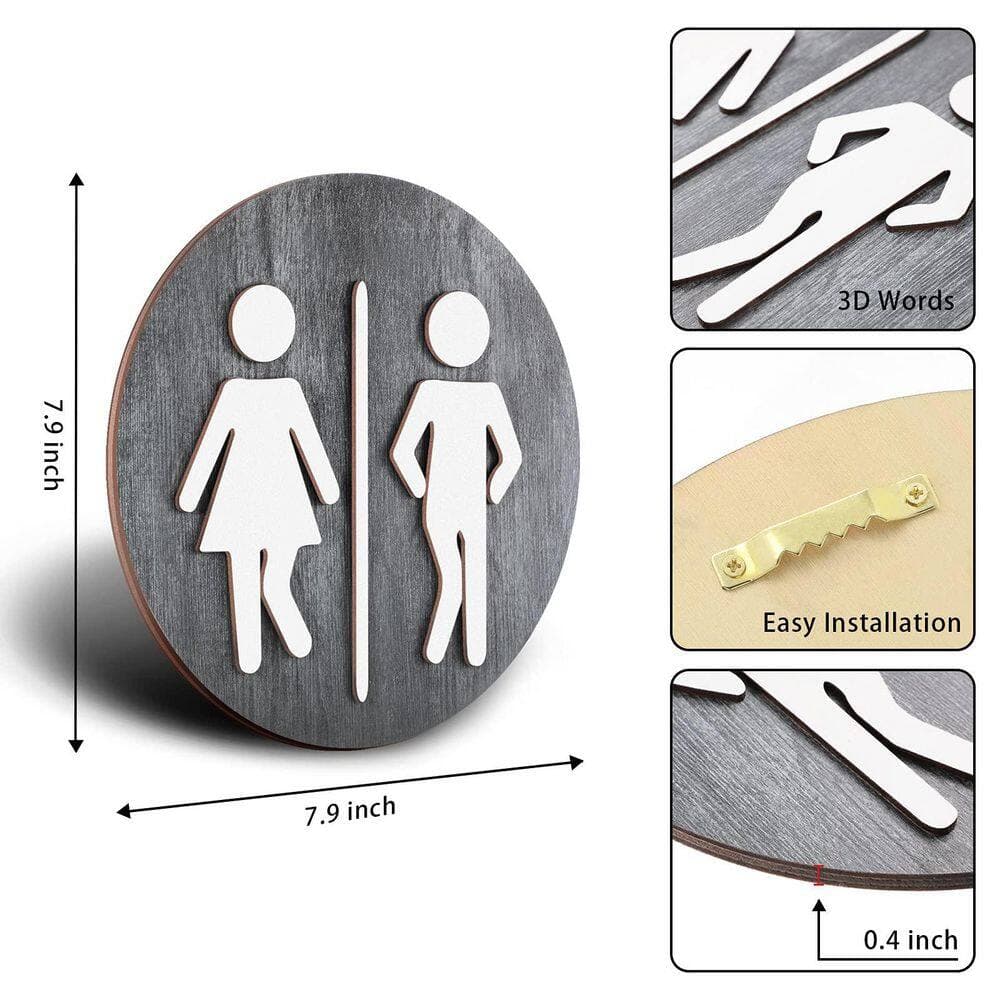 LAIFUCAM 1-Pack Rustic Grey Wooden Bathroom Sign 3D Pattern Farmhouse Wall Decor Unisex Restroom Door Hanging (3)