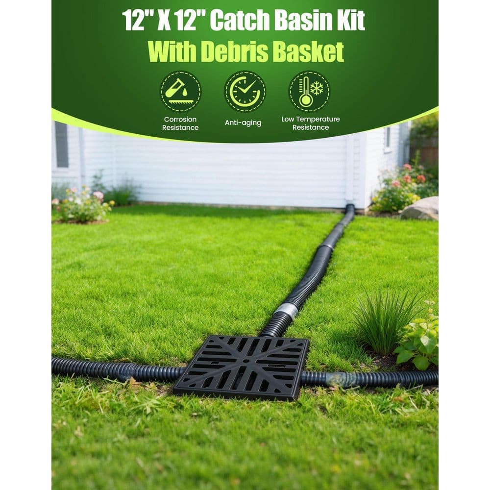 Helhom Upgrade 12-Inch Catch Basin Drainage Kit with Debris Basket Strainer for Garden, Yard, Lawns, Outdoor (1-Pack) (3)