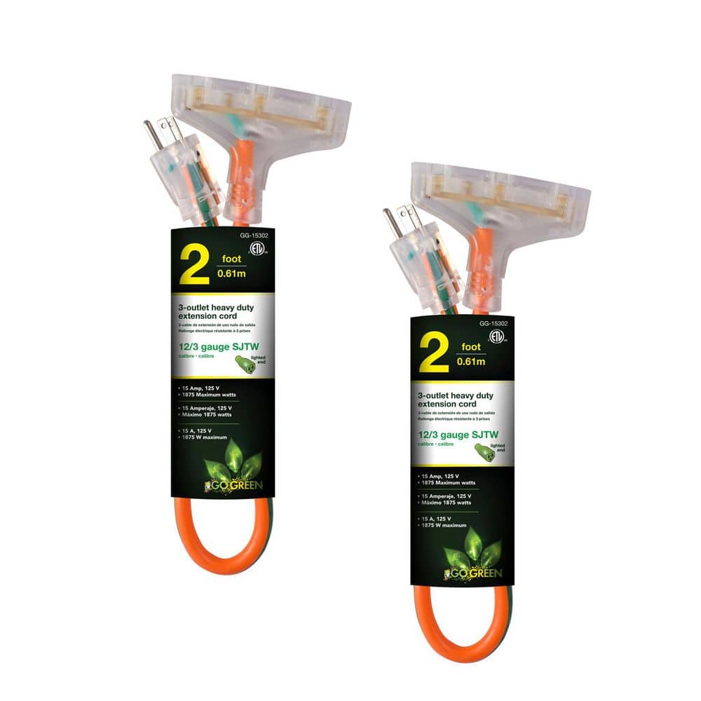 GoGreen Power 2 ft. 12/3 3-Outlet Indoor Heavy Duty Extension Cord Orange (2-Pack) (1)