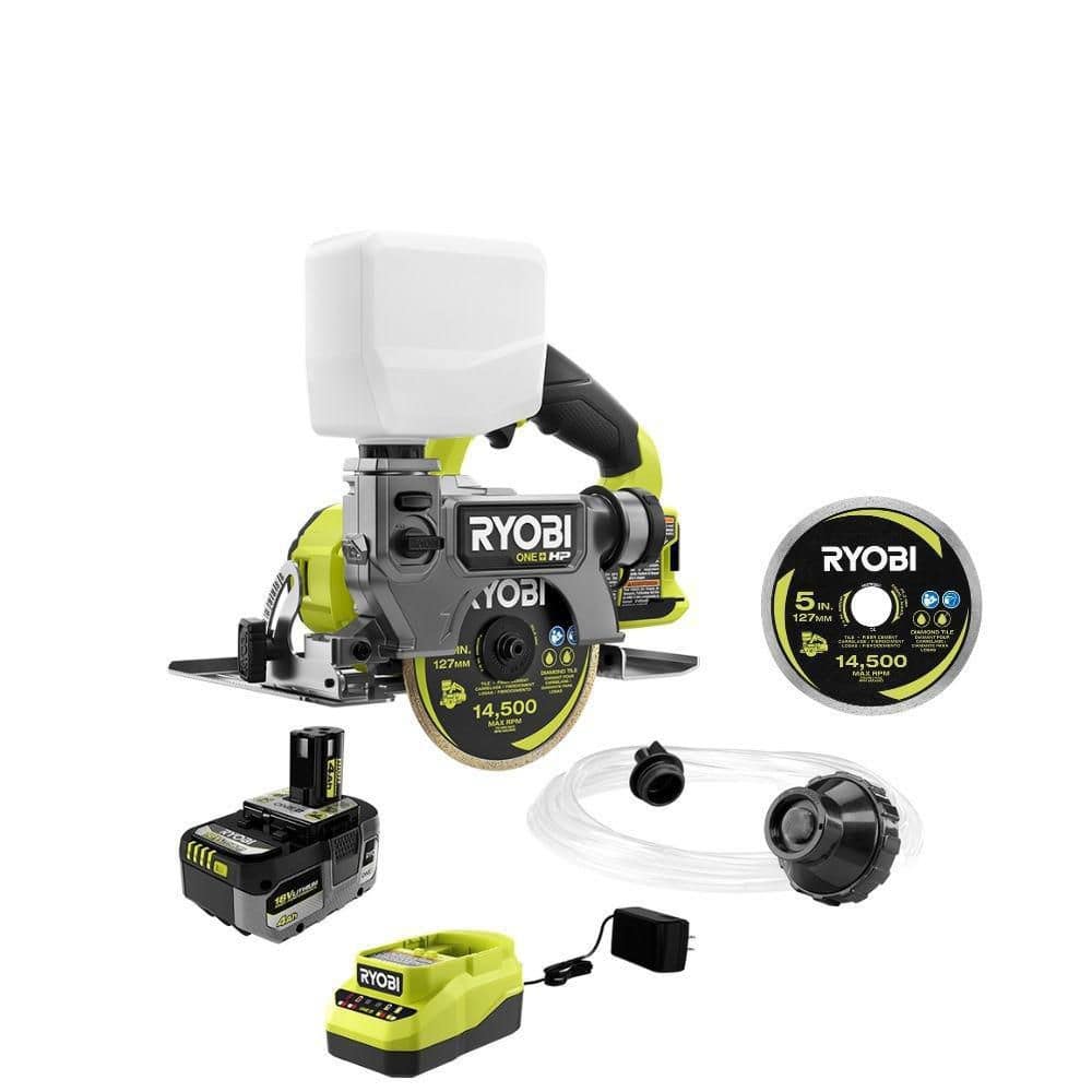 RYOBI ONE+ HP 18V Handheld Wet/Dry Masonry Tile Saw Kit with 4.0 Ah Battery, Charger, and 5 in. Diamond Tile Cutting Blade