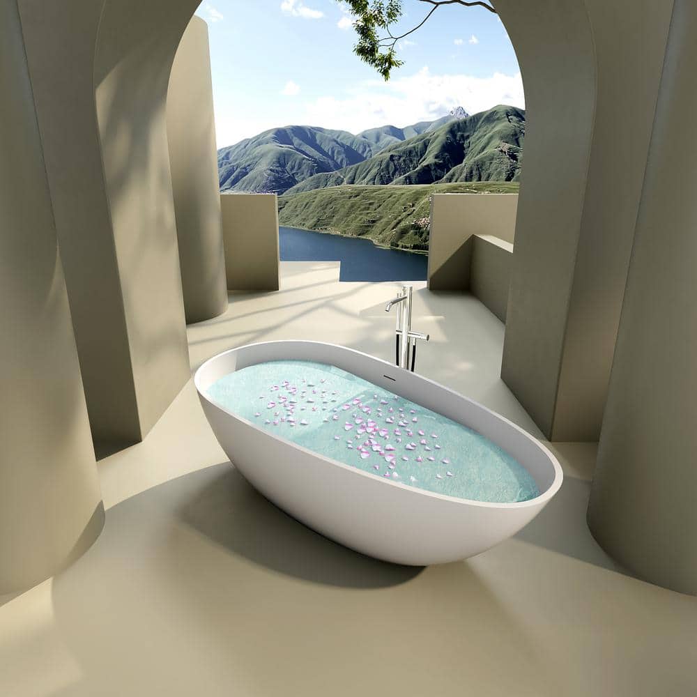 HOMEMYSTIQUE 66.88 in. x 33.5 in. Polyresin Flatbottom Freestanding Soakingl Bathtub with Center Drain in White (3)