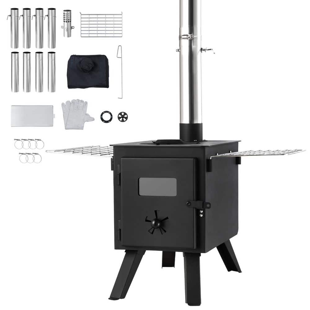 SKYSHALO Wood Stove, 86 in. Alloy Steel Camping Tent Stove, Portable Wood Burning Stove with Chimney Pipes and Gloves